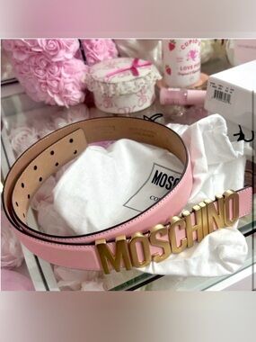 Moschino Pink Leather Belt with Gold Logo Buckle